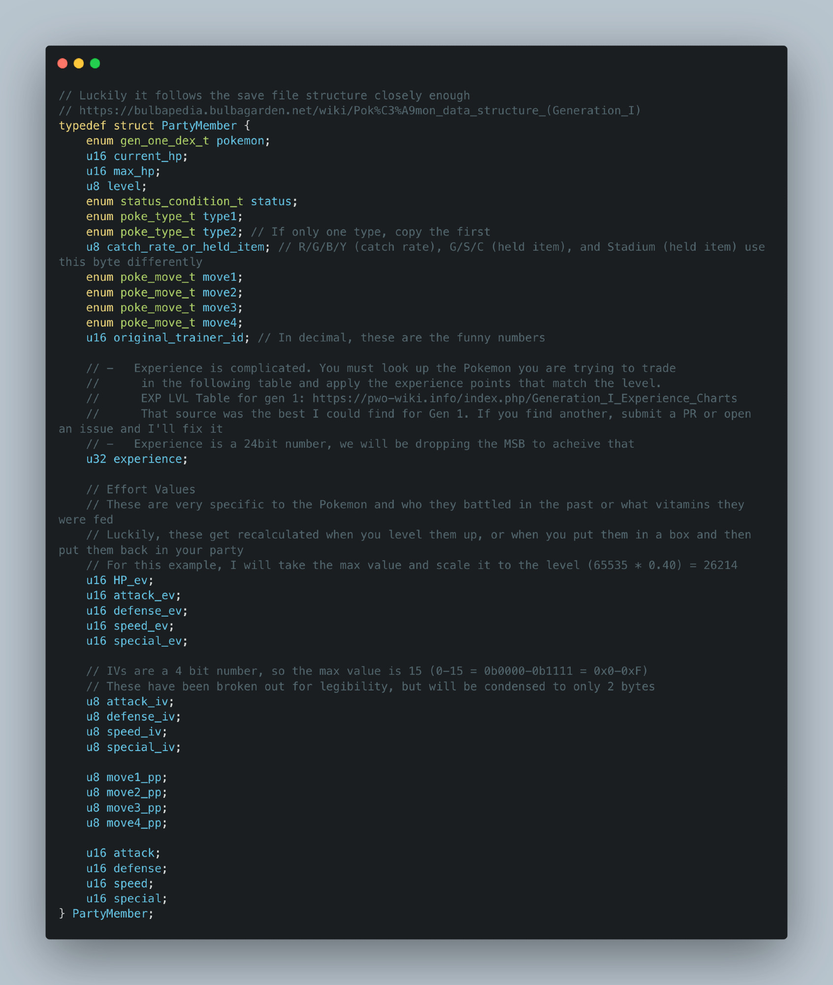 A C code block showing the structure of Pokemon in Red, Blue, Green, Yellow. Note that there are comments in the code, which I will refer to, but will also explain