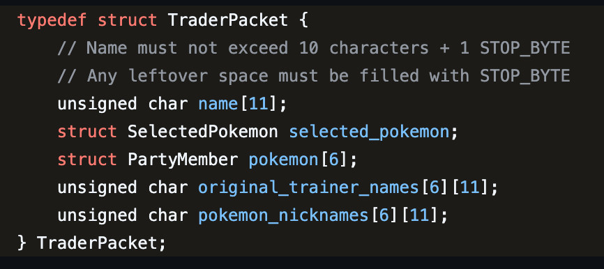 A C code block showing the packet structure of a trade